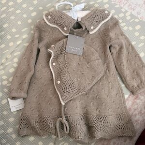 Tahari Baby Taupe Knit Dress and Bonnet Set